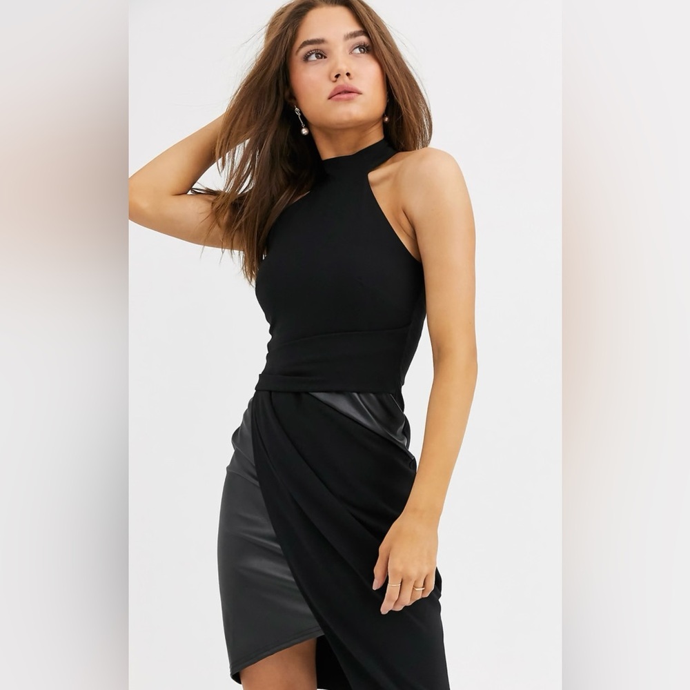 Lipsy London Sheath Halter Neck Faux Leather Panel Dress -- 6